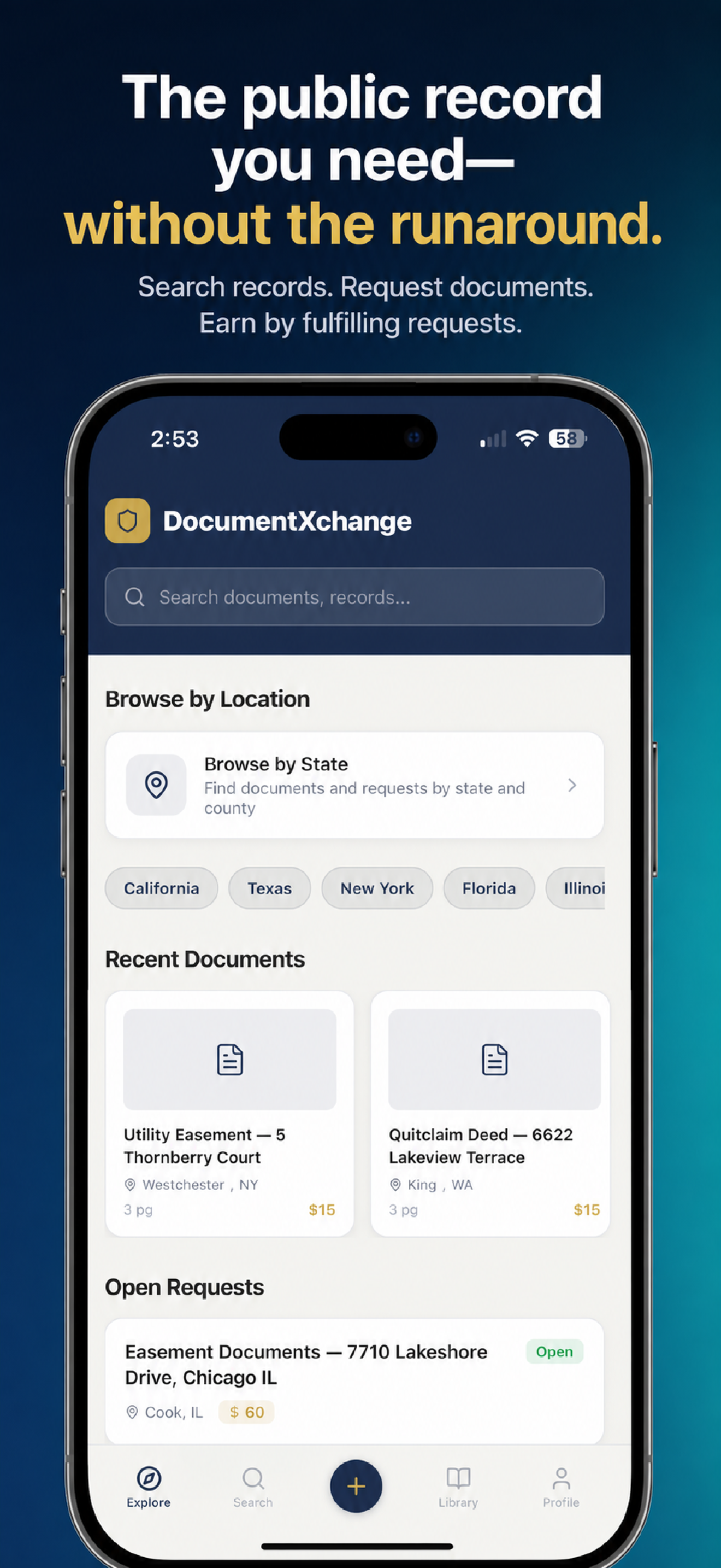 DocumentXchange Explore screen showing public-record discovery